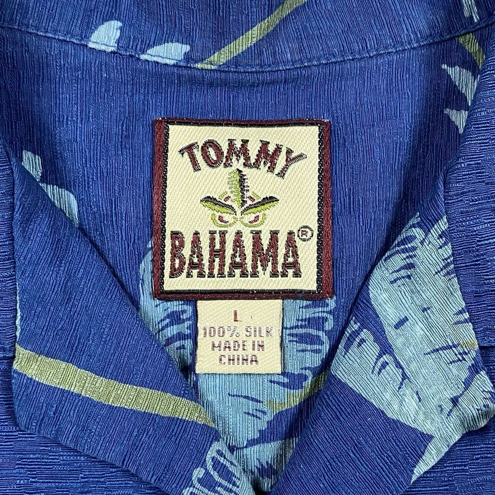 Tommy Bahama Mens Large Blue 100% Silk Tropical Palm Tree‎ Cocktail Camp Shirt